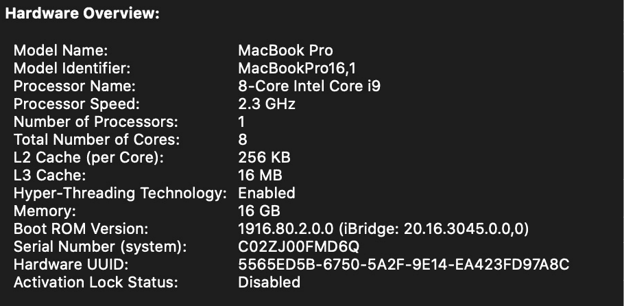 Apple laptop pro 19 inch, core i9, silver