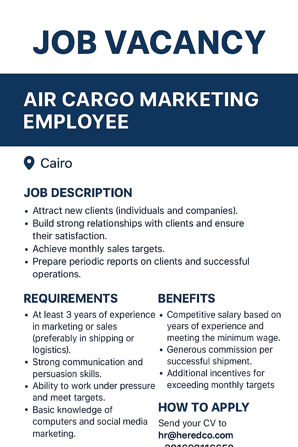Advertising the job of marketing officer for an air freight company in Cairo