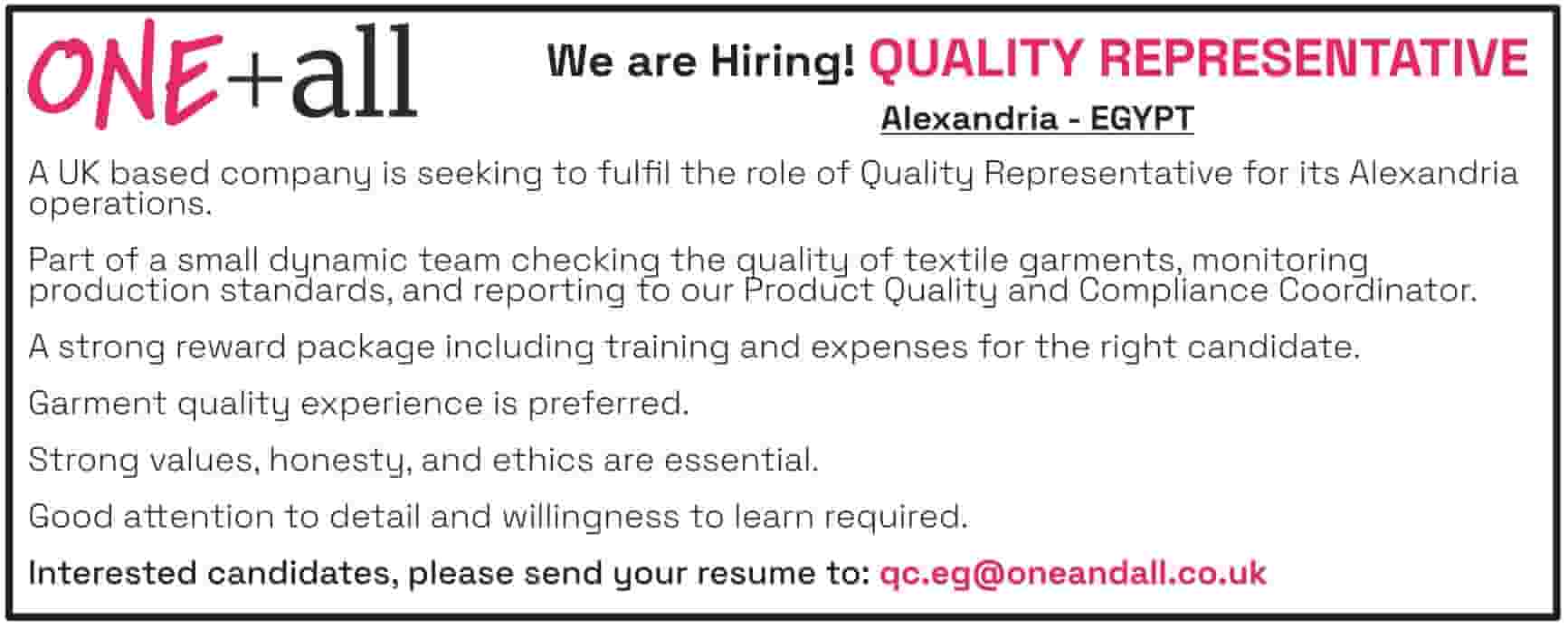 A quality representative is required