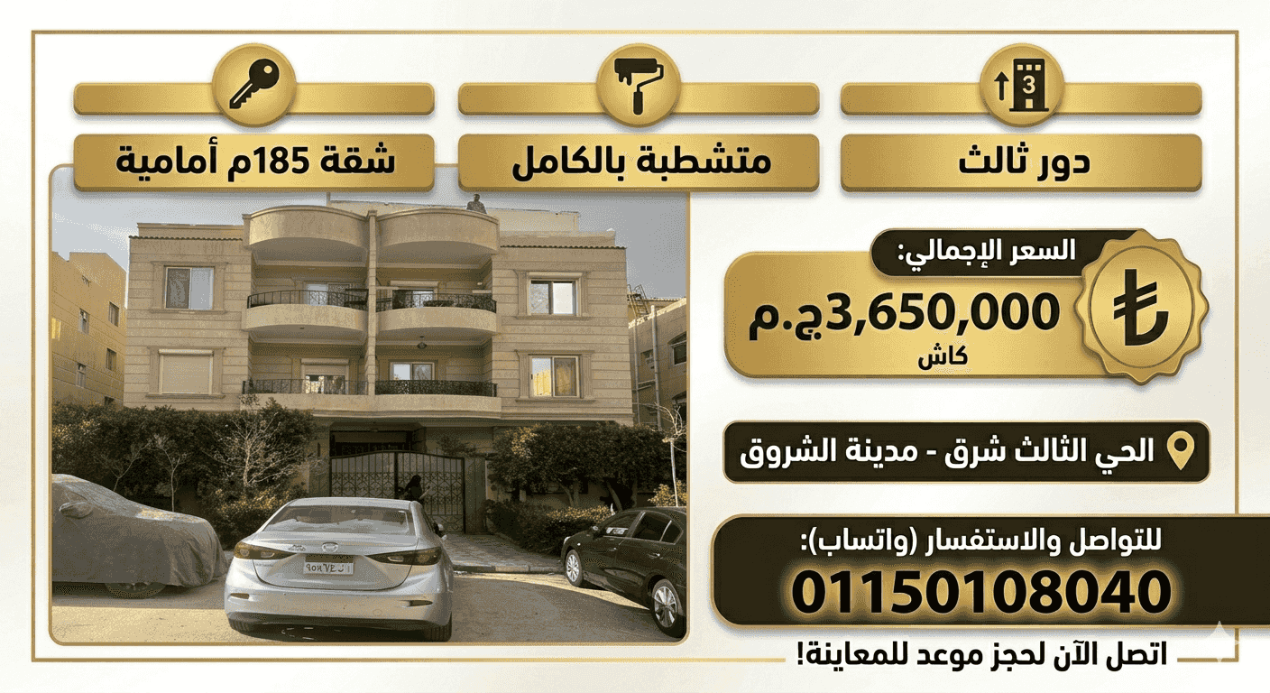 للبيع شقة 185م امامى متشطبة فى الشروق وبسعر لقطة