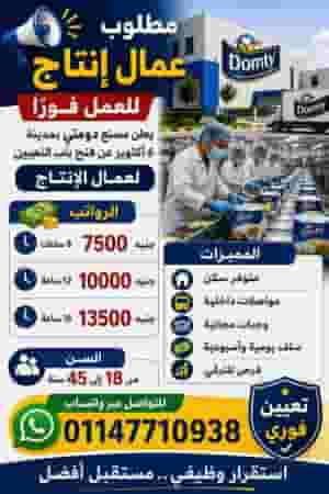 يعلن مصنع دومتي عن فتح باب التعيين لعمال الإنتاج