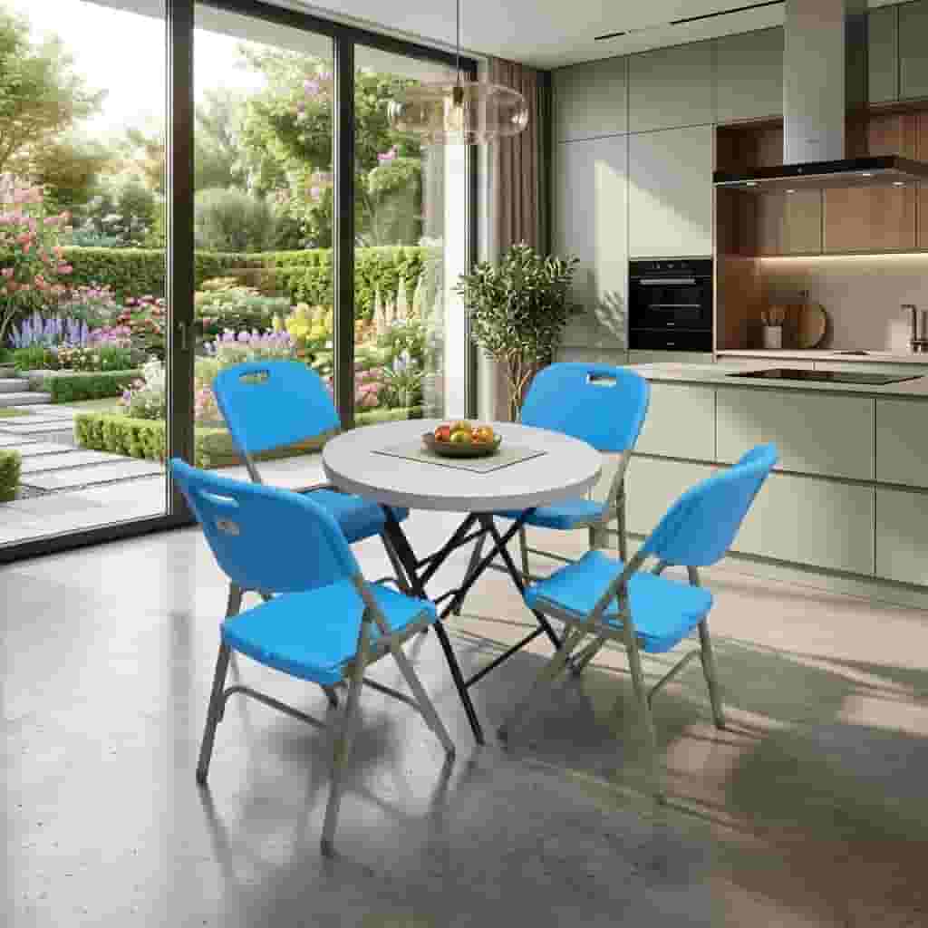 SunBoat Heavy-Duty 5-Piece Round Portable Folding Set featuring an 80 cm table and four vibrant blue chairs