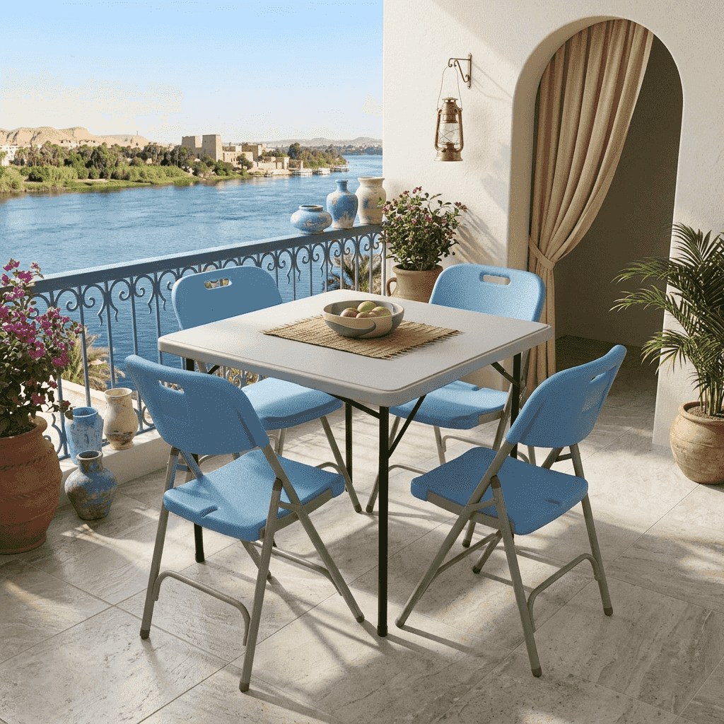 SunBoat Heavy-Duty 5-Piece Square Portable Folding Set, featuring an 88 cm table and four vibrant light-blue chairs