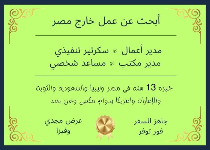 سكرتير تنفيذى أو مدير أعمال يبحث عن عمل خارج مصر 0